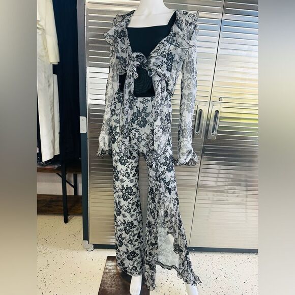 Jiki Monte Carlo France Vintage Chiffon Silk Slit Bell Bottom Pants & Tie Blouse - Picture 1 of 16